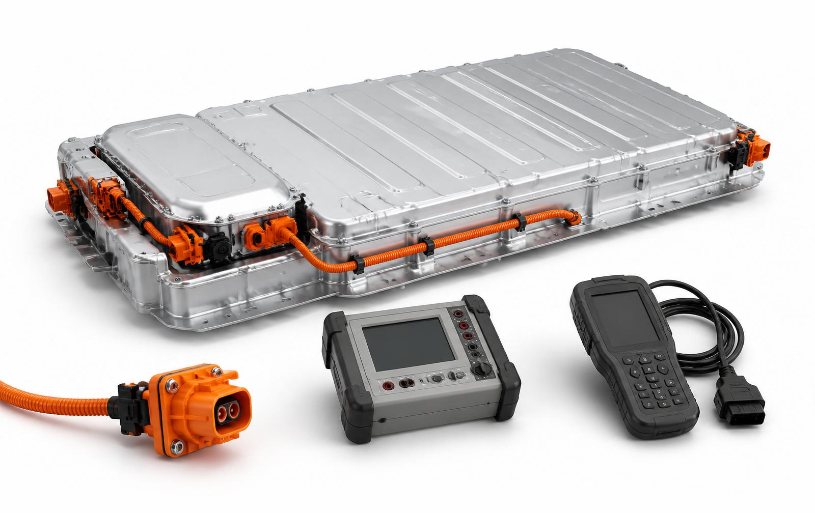 Technische render van een hoogvolt accupakket met serviceplug, isolatiemeetapparatuur en diagnose-interface