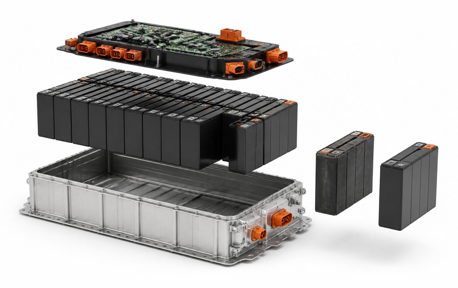 Exploded view van een hoogvolt accupakket met behuizing, batterijmodules, vervangende module en BMS