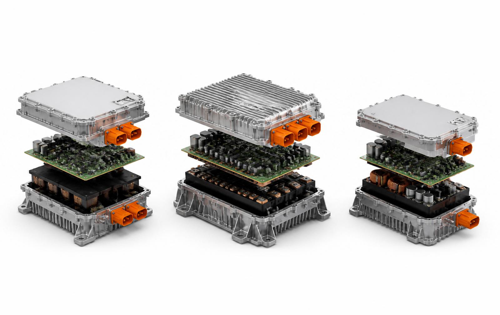 Exploded view van de boordlader, inverter en DC-DC-converter naast elkaar op dezelfde schaal